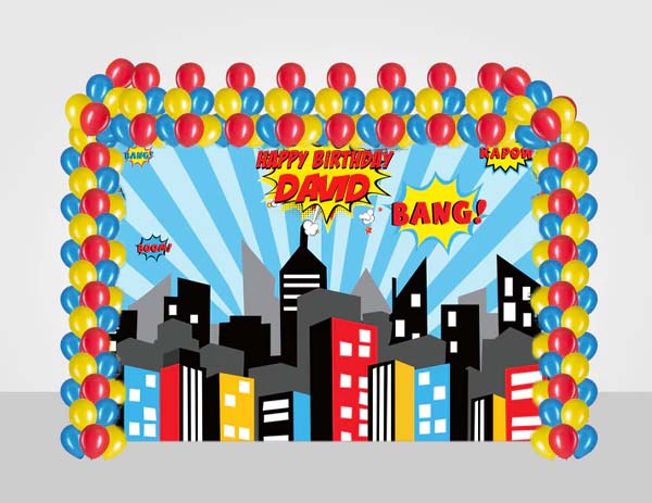 Super Hero Birthday Party Decoration Kit With Personalized Backdrop