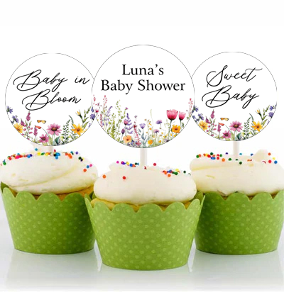 Wild Flower Theme Baby Shower Party Cupcake Toppers for Decoration