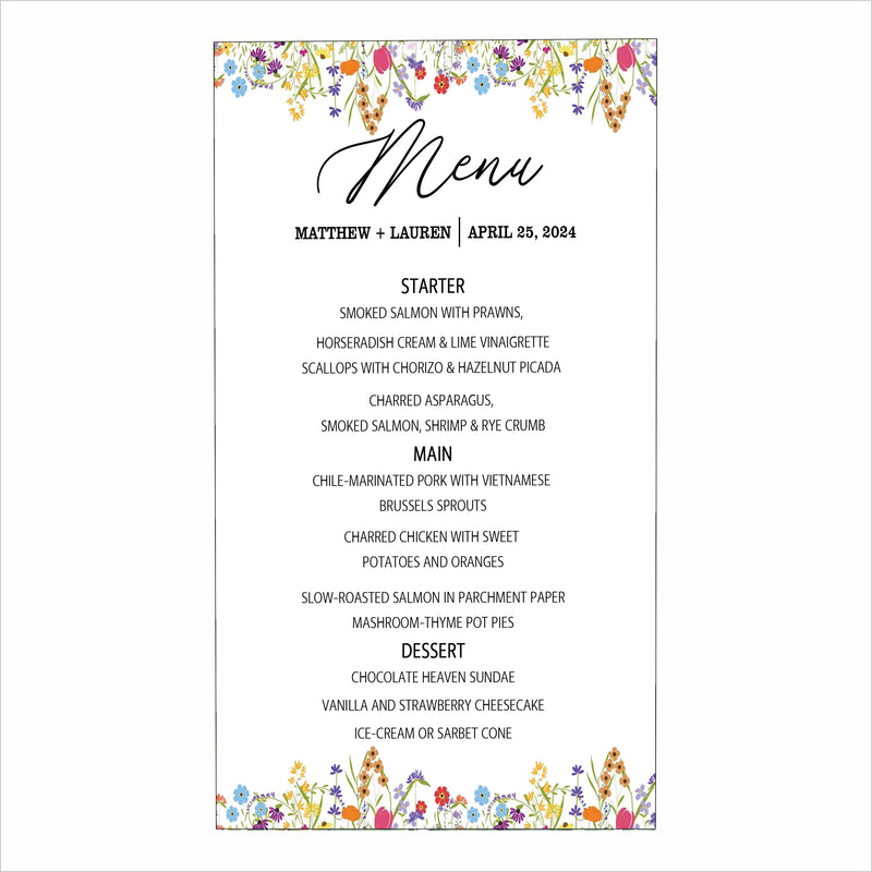 Wild Flower Theme Wedding  Menu Card