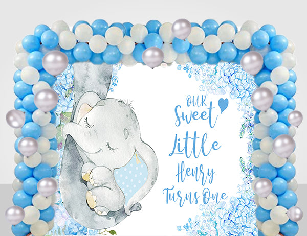 Baby Elephant Birthday Party Decoration Kit With Personalized Backdrop.