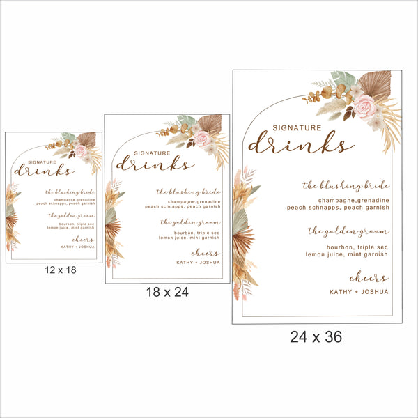 Pampas Grass Theme Wedding Signature Cocktails Menu Sign