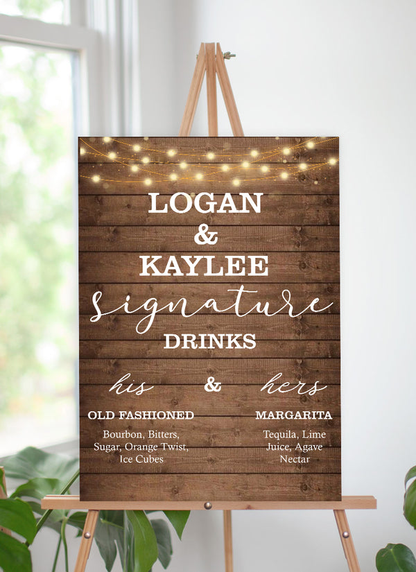 Rustic Theme Wedding Signature Cocktails Menu Sign