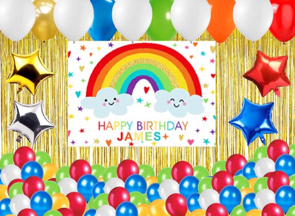 Rainbow Theme Birthday Complete Party Set With Personalized Backdrop