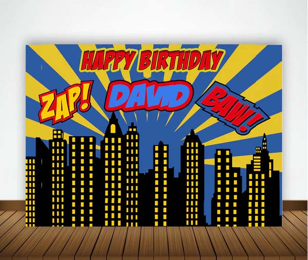 Super Hero Birthday Party Personalized Backdrop.