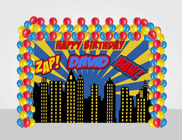 Super Hero Birthday Party Decoration Kit With Personalized Backdrop