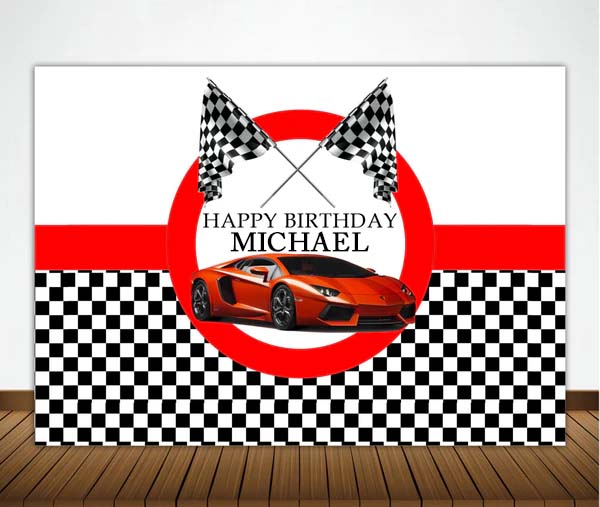 Racing Car Theme Birthday Party Personalized Backdrop.