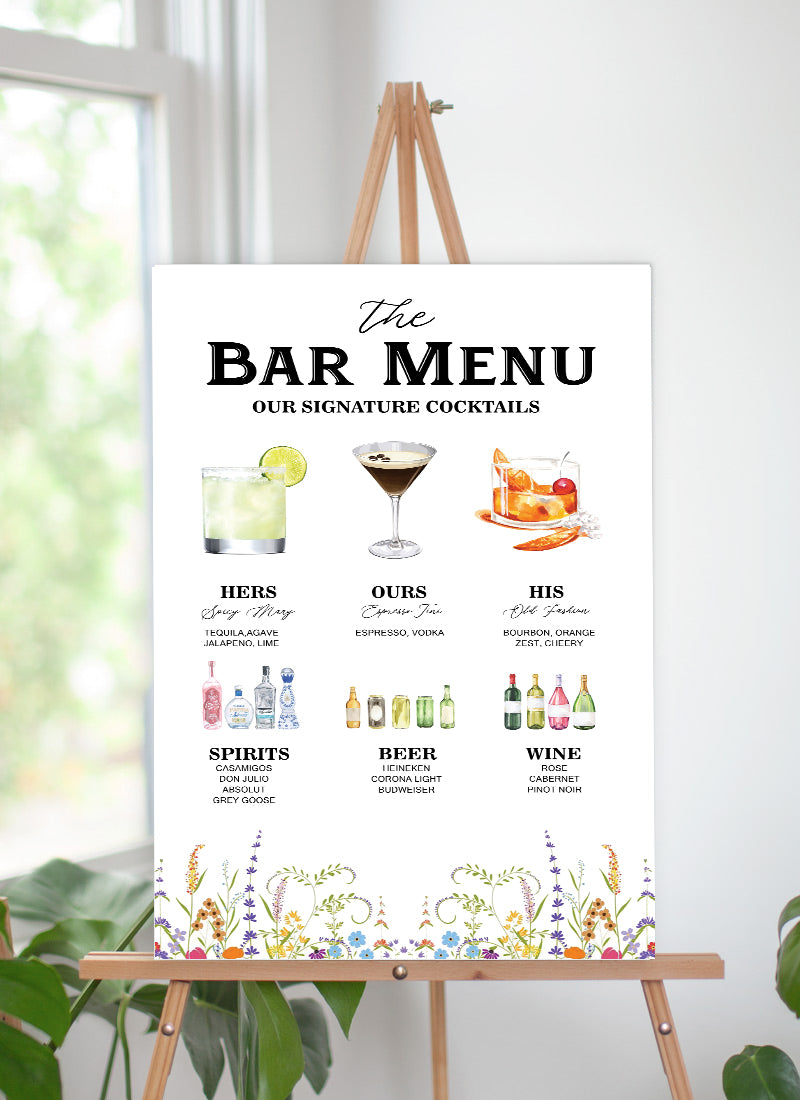 Wild Flower Theme Wedding Signature Cocktails Menu Sign