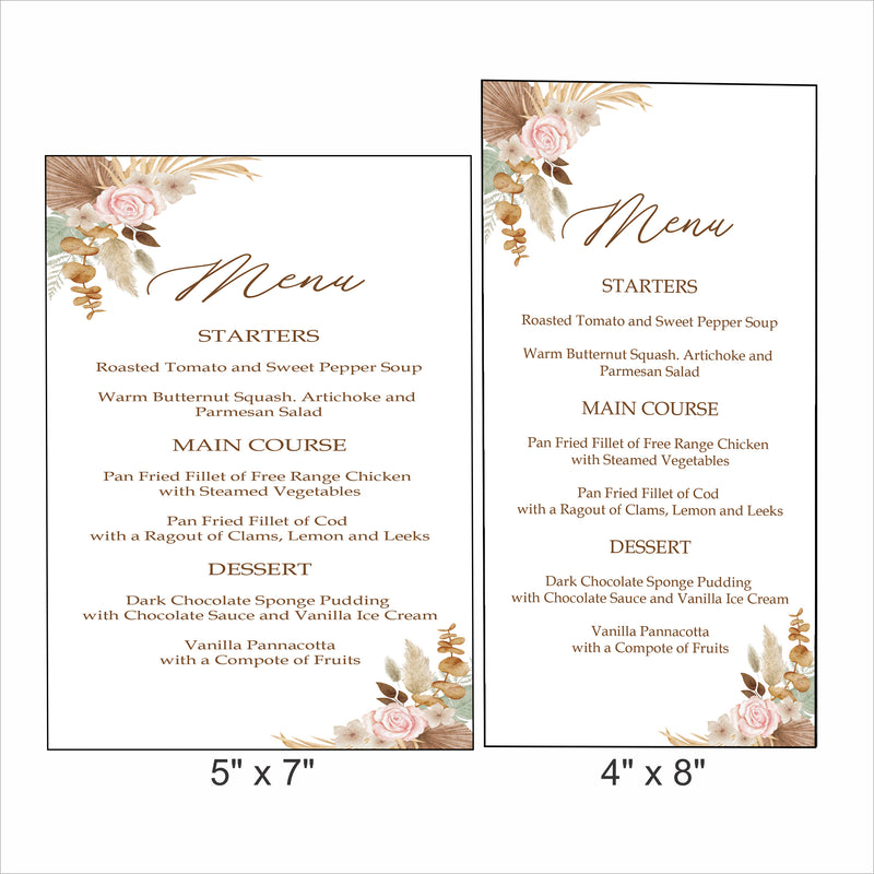 Pampas Grass Theme Wedding  Menu Card