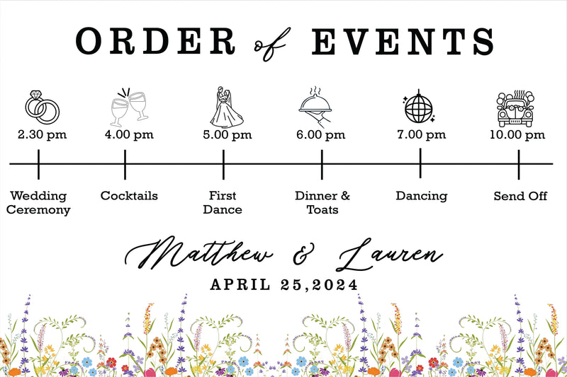 Wild Flower Wedding Day Timeline Board