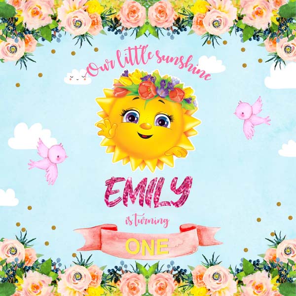 Sunshine Theme Birthday Party Personalized Backdrop.