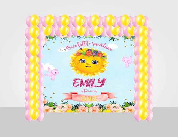 Sunshine Birthday Party Decoration Kit With Personalized Backdrop.