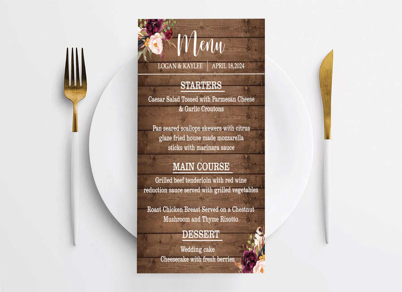 Rustic Theme Wedding  Menu Card