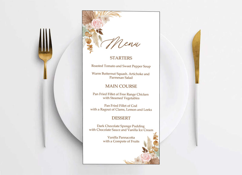 Pampas Grass Theme Wedding  Menu Card