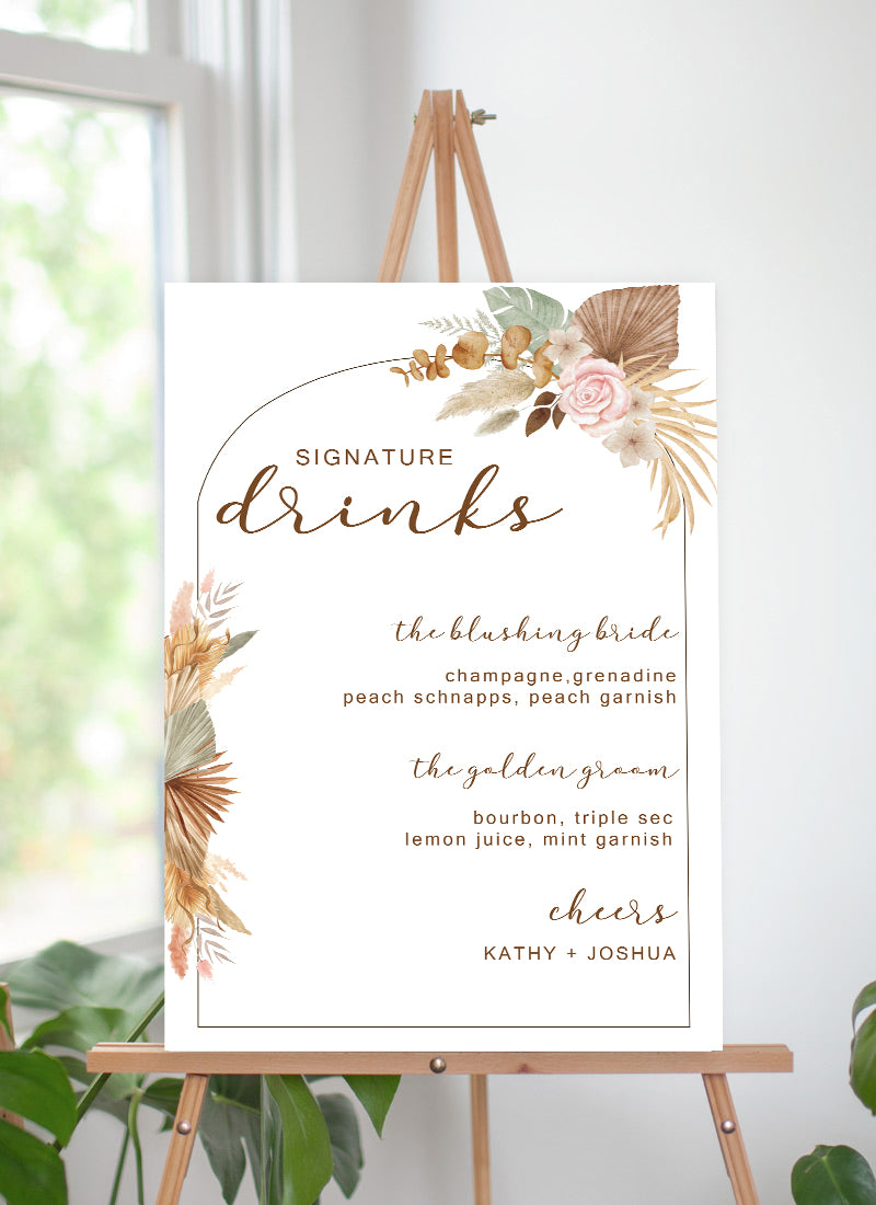 Pampas Grass Theme Wedding Signature Cocktails Menu Sign