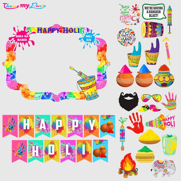 Holi Party Pack with Banner , Photo Booth and Props Set