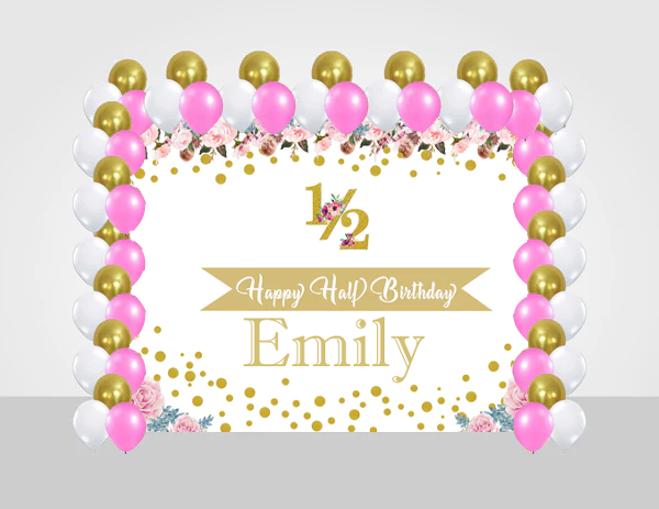 Half Birthday Girls Birthday Party Decoration Kit With Personalized Backdrop.