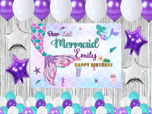 Mermaid Birthday Party Complete Set with Personalized Backdrop