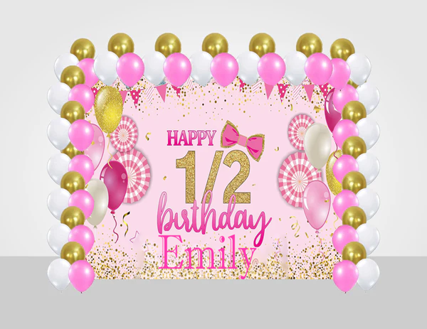 Half Birthday Girls Birthday Party Decoration Kit With Personalized Backdrop.