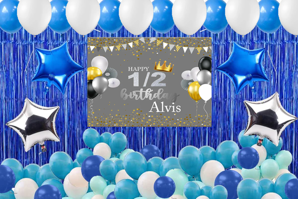 Half Birthday Boys  Party Complete Set with Personalized Backdrop