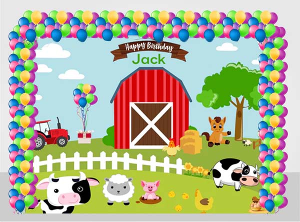 Farm Animal Birthday Party Decoration Kit With Personalized Backdrop.