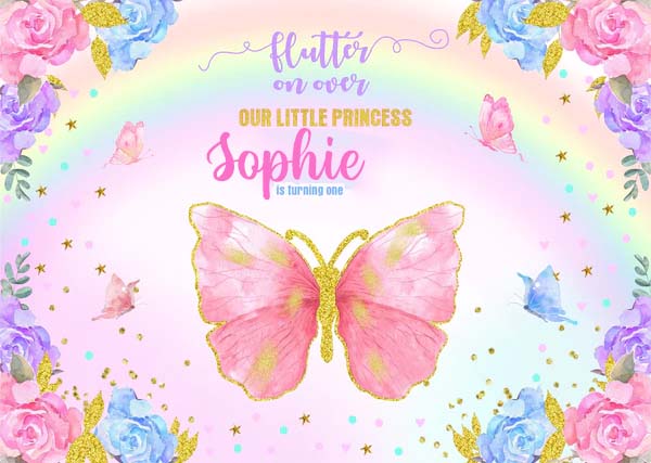 Butterflies & Fairies Theme Birthday Party Personalized Backdrop.