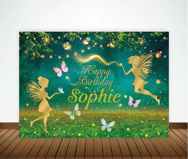 Butterflies & Fairies Theme Birthday Party Personalized Backdrop.