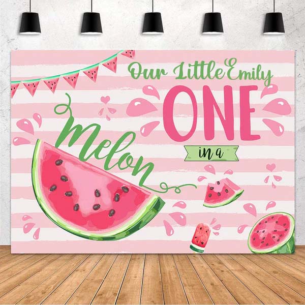 One In A Melon Birthday Party Personalized Backdrop.