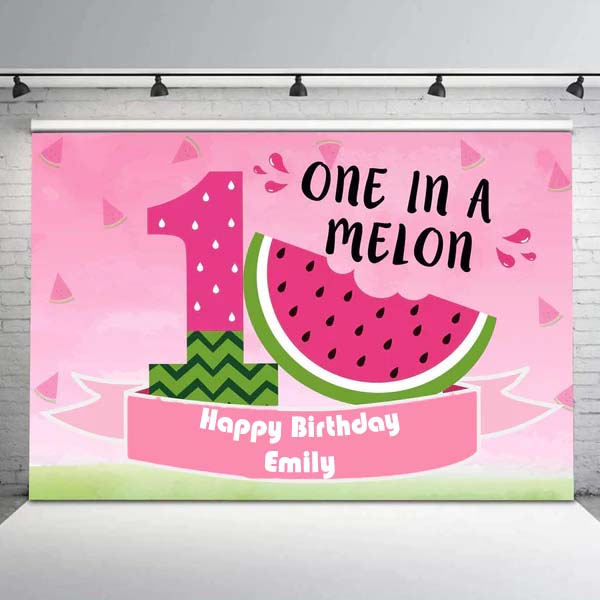 One In A Melon Birthday Party Personalized Backdrop.