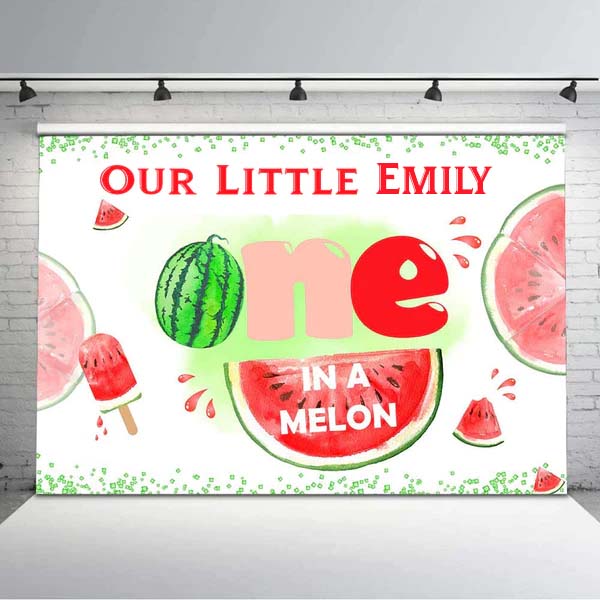 One In A Melon Birthday Party Personalized Backdrop.