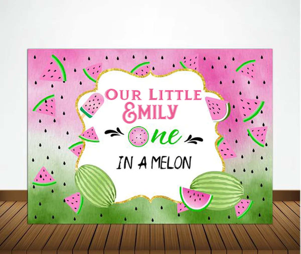 One In A Melon Birthday Party Personalized Backdrop.