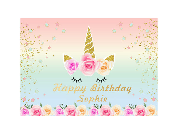 Unicorn Theme Birthday Party Personalized Backdrop.