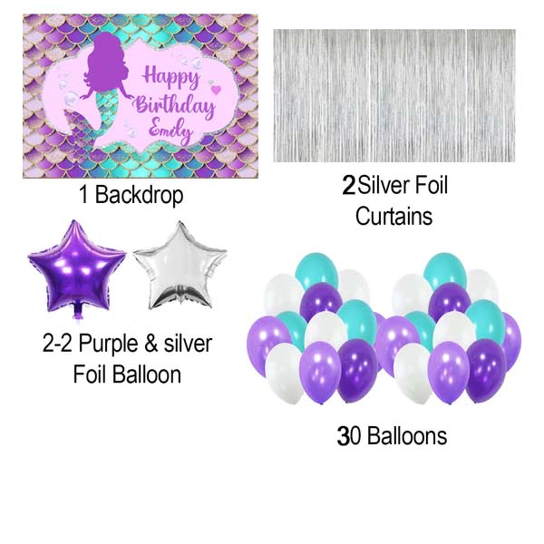 Mermaid Birthday Party Complete Set with Personalized Backdrop