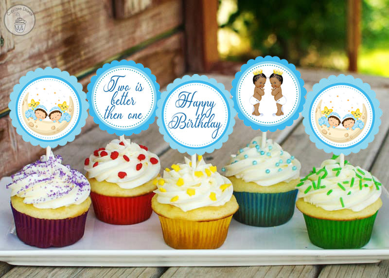 Twin Boys Party Theme Birthday Cupcake Toppers for Decoration