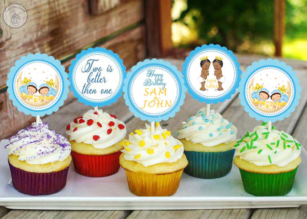Twin Boys Party Theme Birthday Cupcake Toppers for Decoration