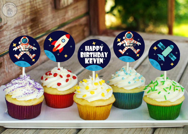 Space Theme Birthday Party Cupcake Toppers for Decoration