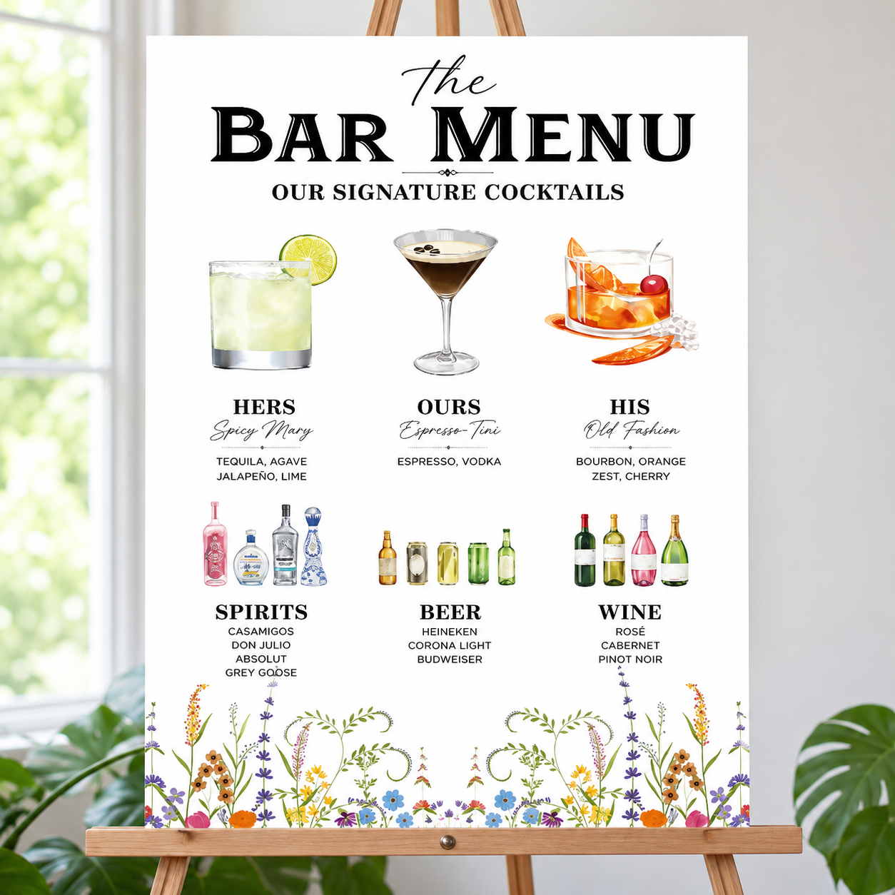 Wild Flower Theme Wedding Signature Cocktails Menu Sign