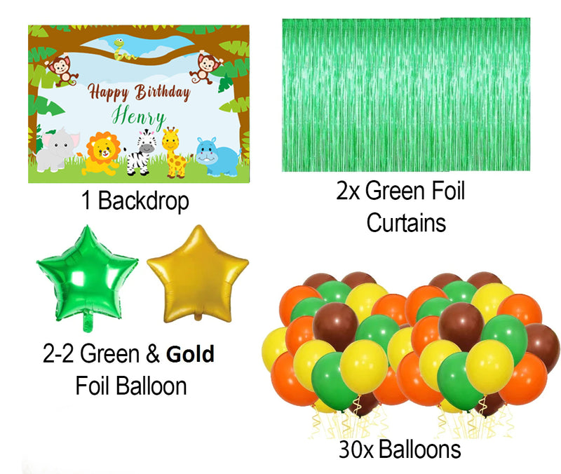 Jungle Safari Theme Birthday Party Complete Set with Personalized Backdrop