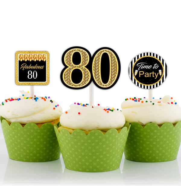 80th Theme Birthday Party Cupcake Toppers for Decoration