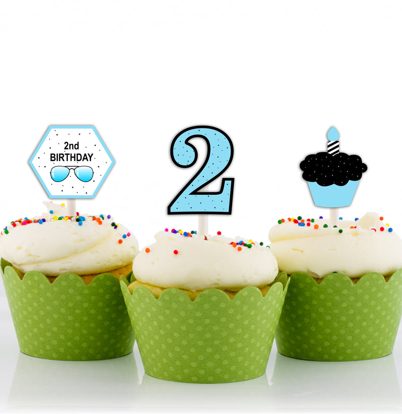 Two Cool Party Theme Birthday Cupcake Toppers for Decoration