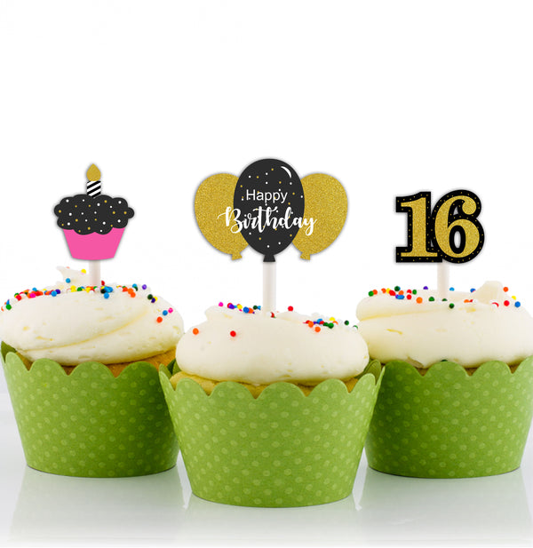 16th Theme Birthday Party Cupcake Toppers for Decoration
