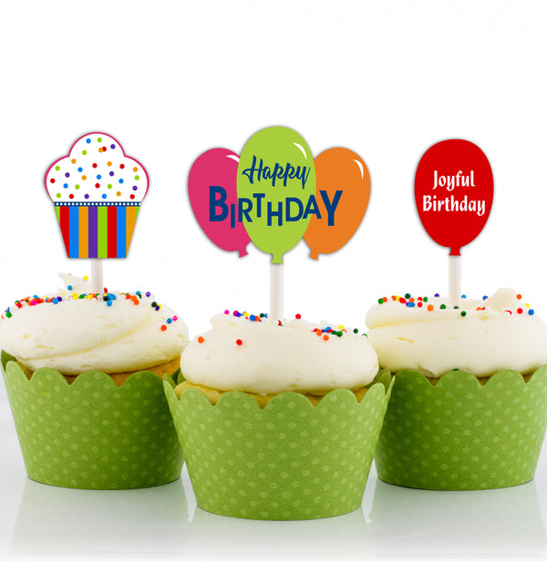 Joyful Party Theme Birthday Cupcake Toppers for Decoration