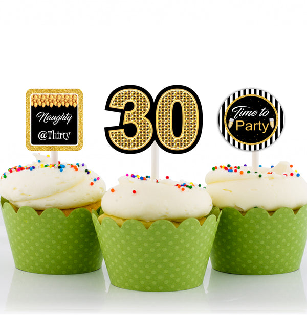 30th Theme Birthday Party Cupcake Toppers for Decoration