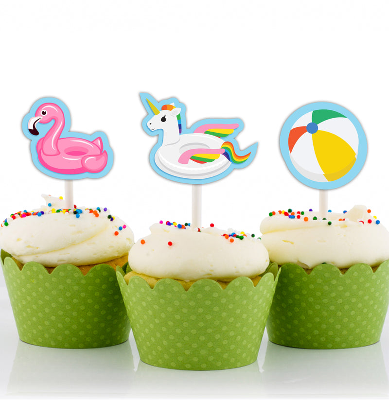 Pool Party Theme Birthday Cupcake Toppers for Decoration