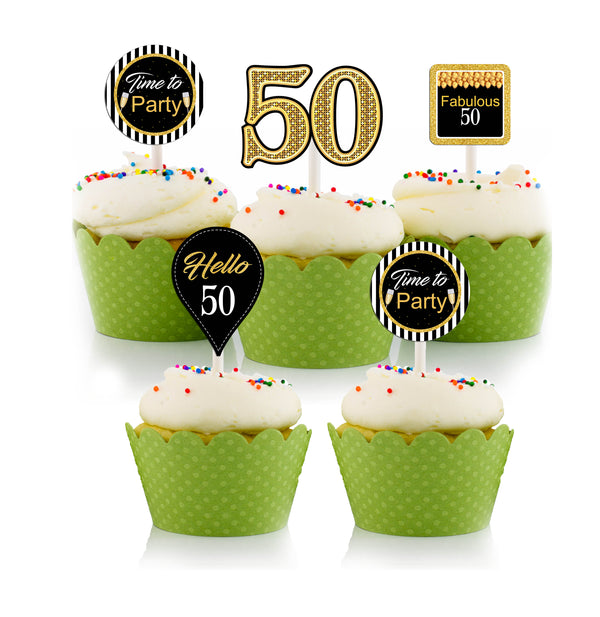 50th Theme Birthday Party Cupcake Toppers for Decoration