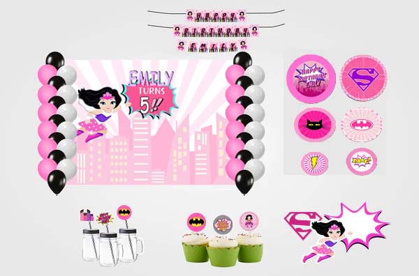 Super Girl  Theme Birthday Complete Personalize Party Kit