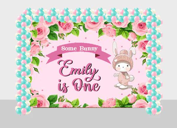 Bunny Birthday Party Decoration Kit With Personalized Backdrop.