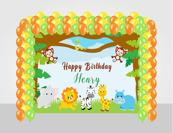 Jungle Safari Theme Birthday Party Decoration Kit With Personalized Backdrop.