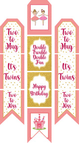 Twin Girls Theme Birthday Paper Door Banner/ Wall Decoration.