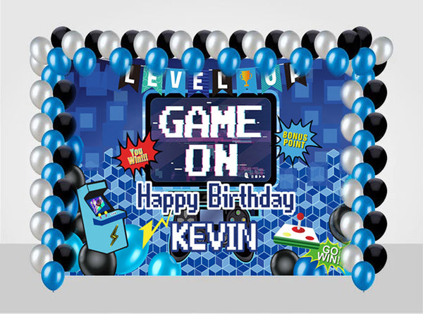 Gaming Birthday Party Decoration Kit With Personalized Backdrop.
