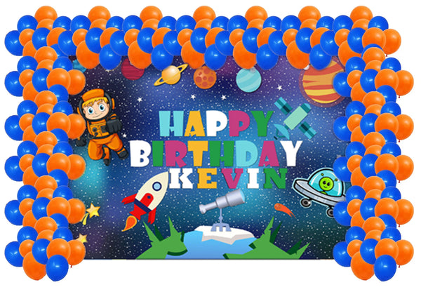 Space Birthday Party Decoration Kit With Personalized Backdrop.